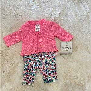 Carter's Pink Polka Dot Cardigan with Floral Pants. NWT